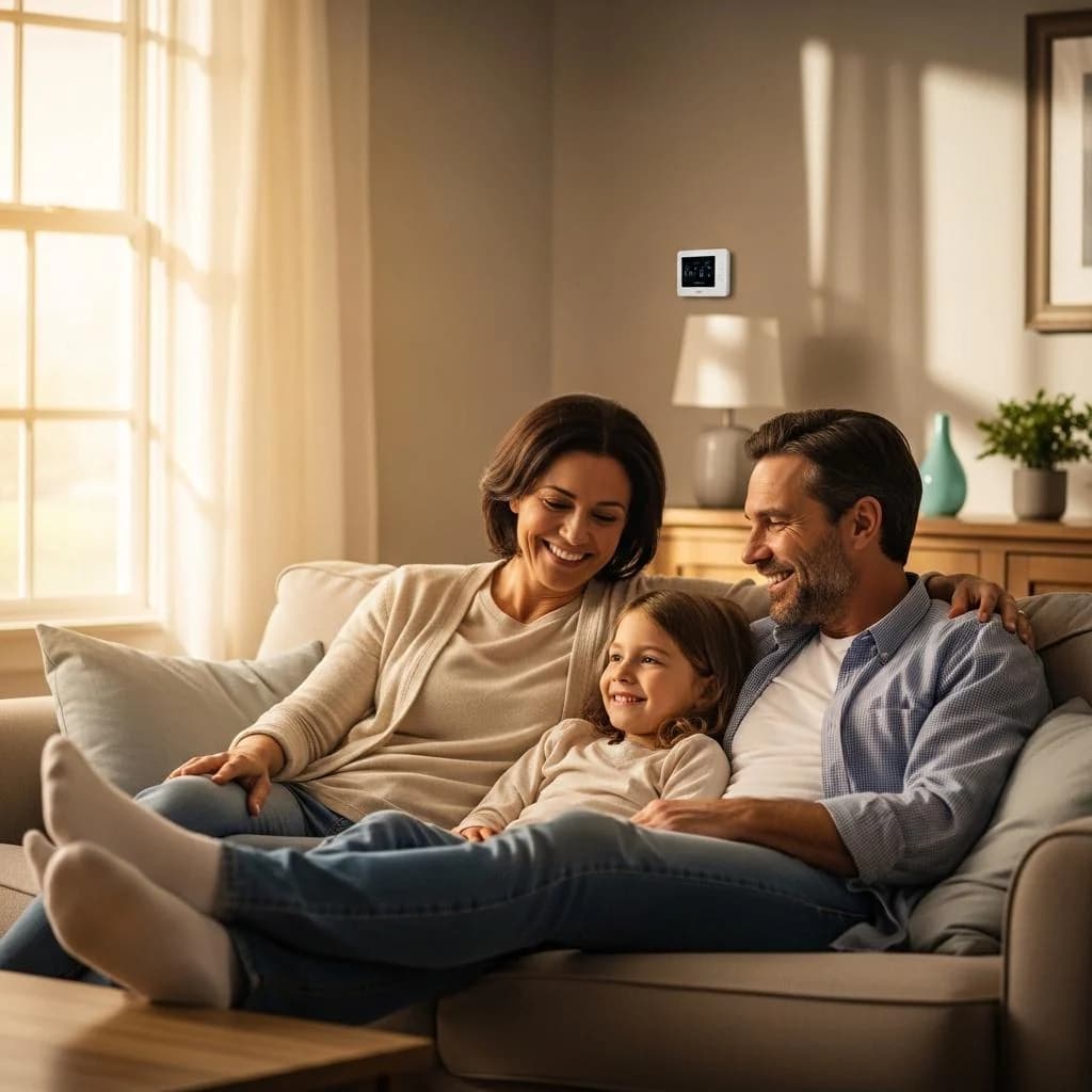 A family relaxing in a comfortable home with the Canopy wall controller